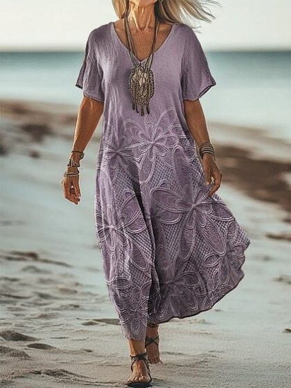 Women's Short Sleeve Spring Floral Print V Neck Casual Dress
