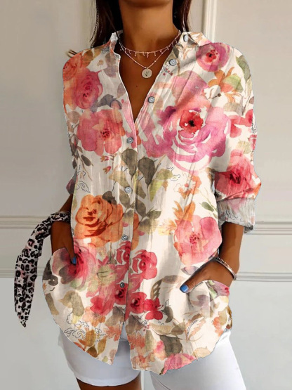 Bluse mit floralem Print und klassischem Hemdkragen aus Baumwolle und Leinen