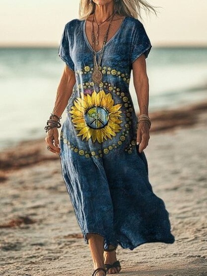 Women's Short Sleeve Spring Floral Print V Neck Casual Dress