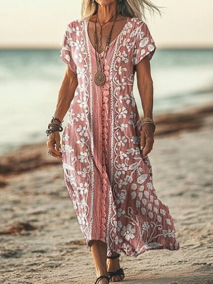 Women's Short Sleeve Spring Floral Print V Neck Casual Dress