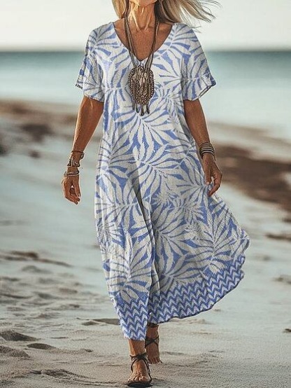 Women's Short Sleeve Spring Floral Print V Neck Casual Dress