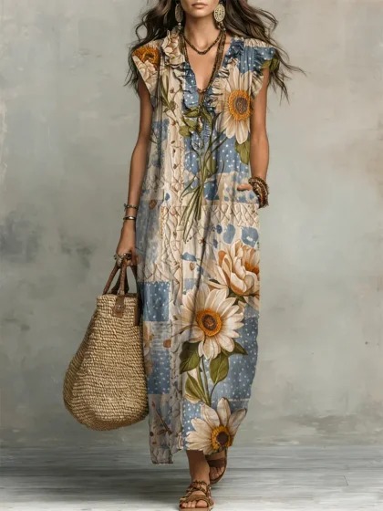 Y2 Retro Distressed Large Floral Dress V-Neck Ruffle Sleeveless Pocket Loose Holiday Long Dress - Bamboo Linen