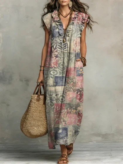 Y2 Retro Distressed Large Floral Dress V-Neck Ruffle Sleeveless Pocket Loose Holiday Long Dress - Bamboo Linen