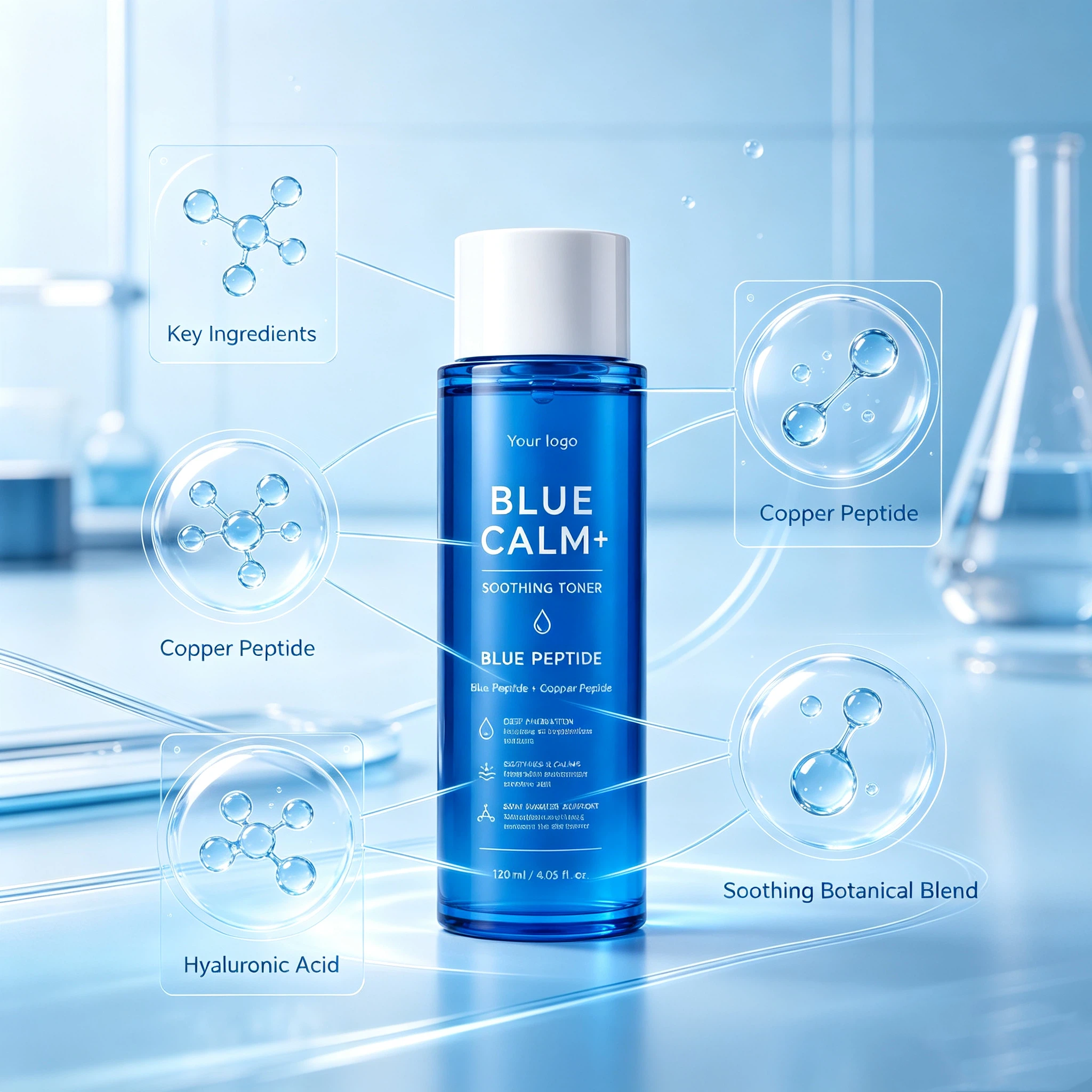 Private Label Blue Calm+ Soothing Toner OEM/ODM | Custom Peptide Facial Toner Manufacturer