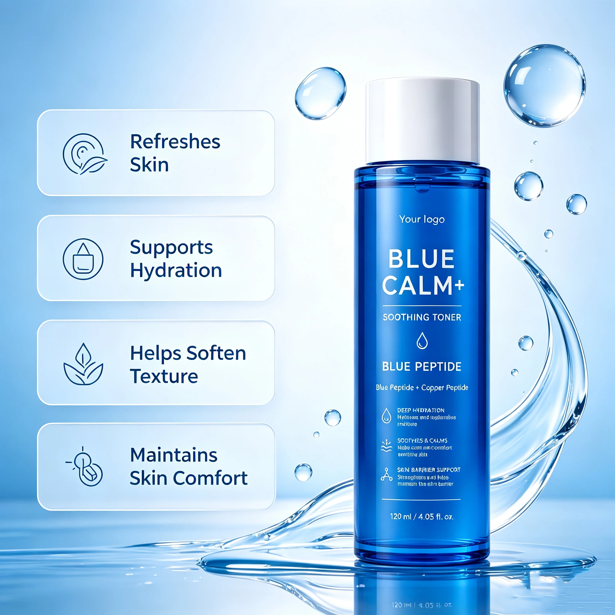 Private Label Blue Calm+ Soothing Toner OEM/ODM | Custom Peptide Facial Toner Manufacturer