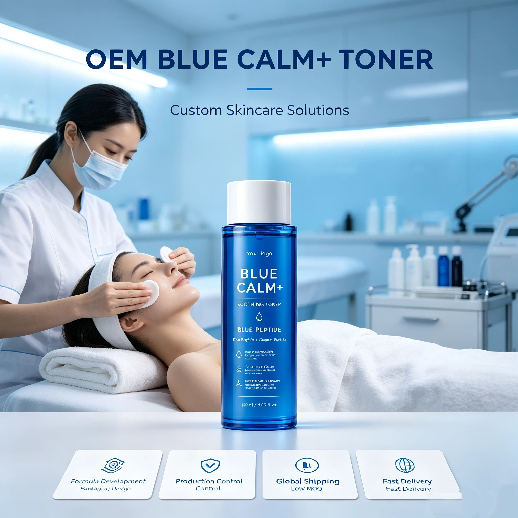 Private Label Blue Calm+ Soothing Toner OEM/ODM | Custom Peptide Facial Toner Manufacturer