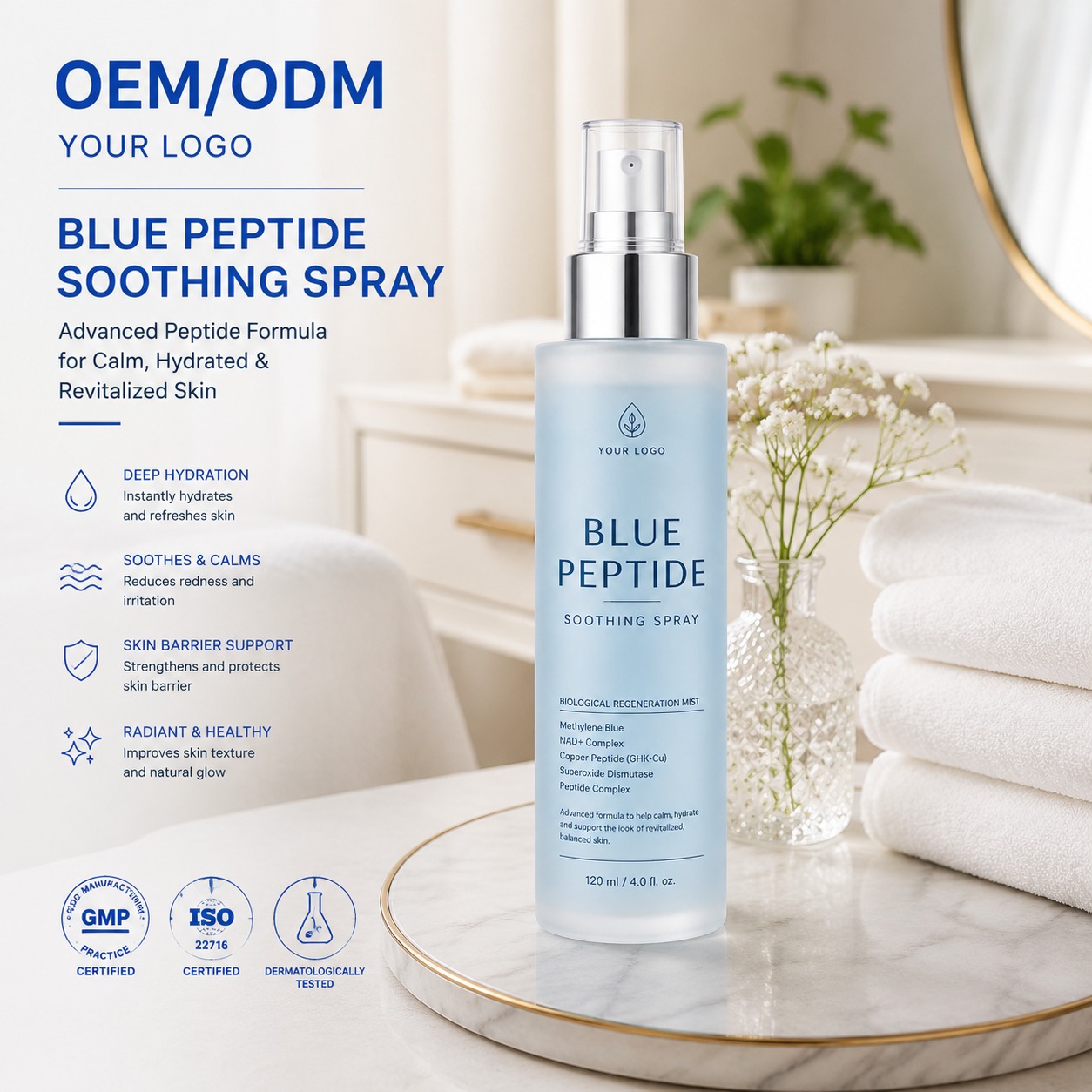 Private Label Blue Peptide Soothing Spray OEM/ODM | Custom Facial Mist Manufacturer