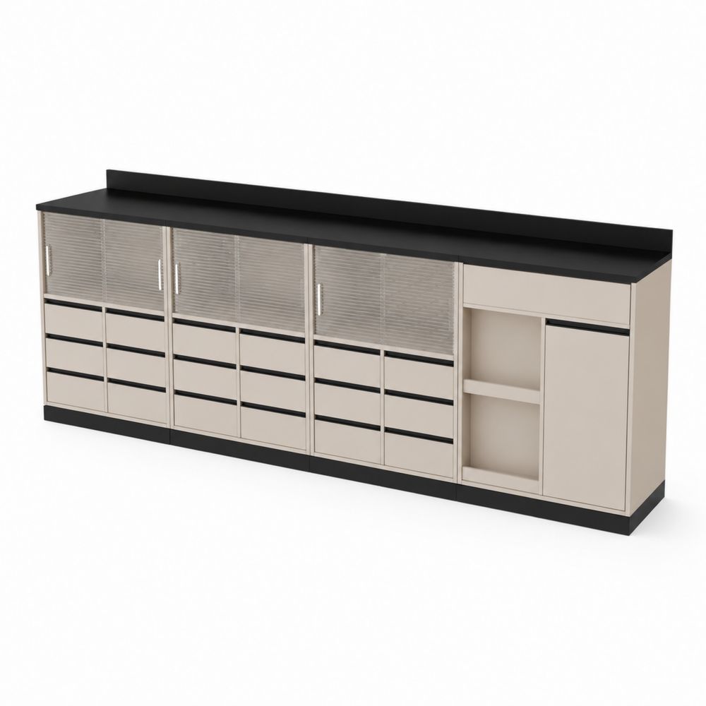 Buffetschrank aus Edelstahl mit 8 Türen und 8 Schubladen Beige/Schwarz