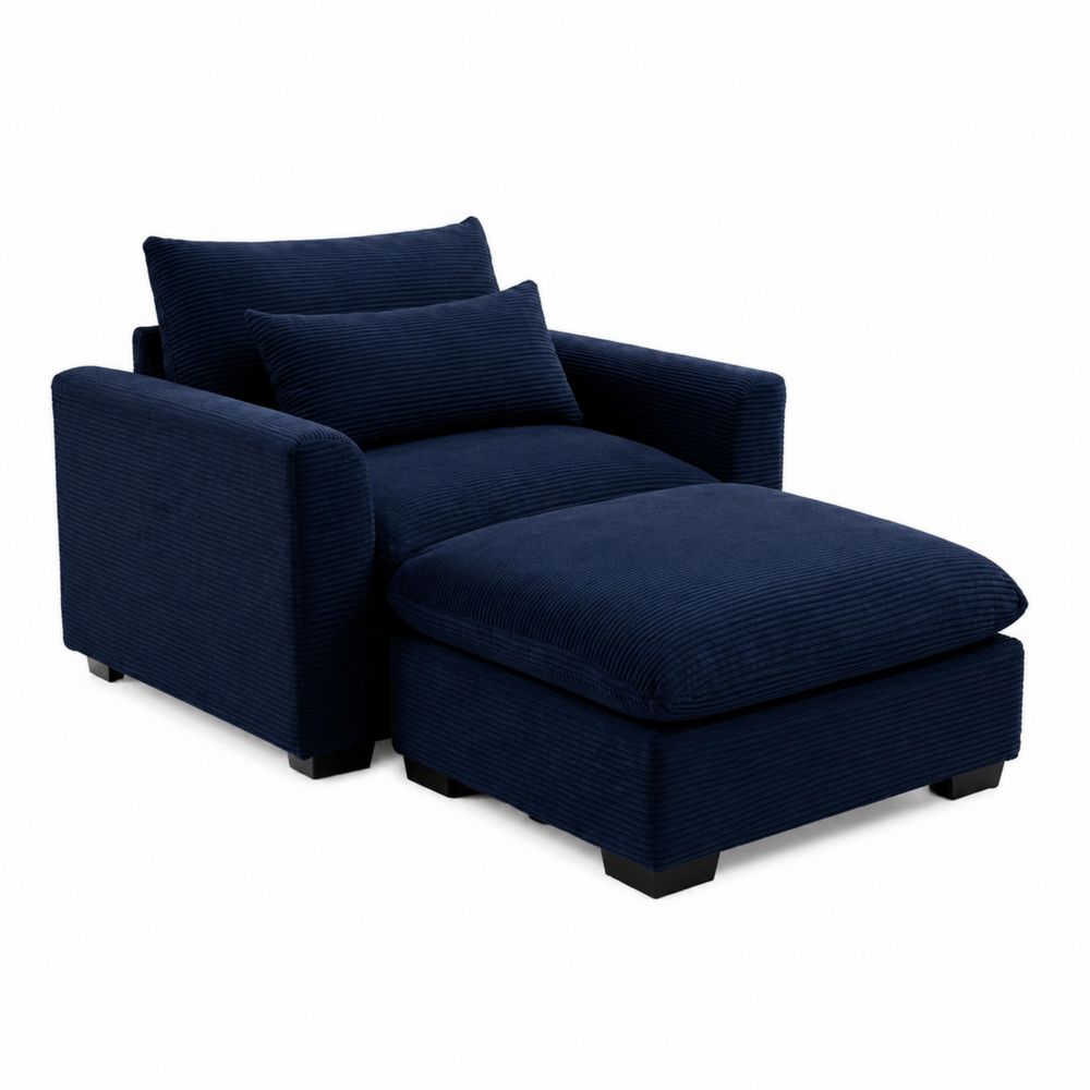 Cord Sessel mit Fußhocker Dunkelblau