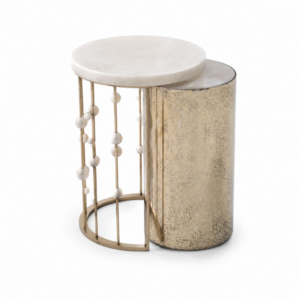 Runder Nesting Beistelltisch aus Marmor und Metall in Gold/Weiß