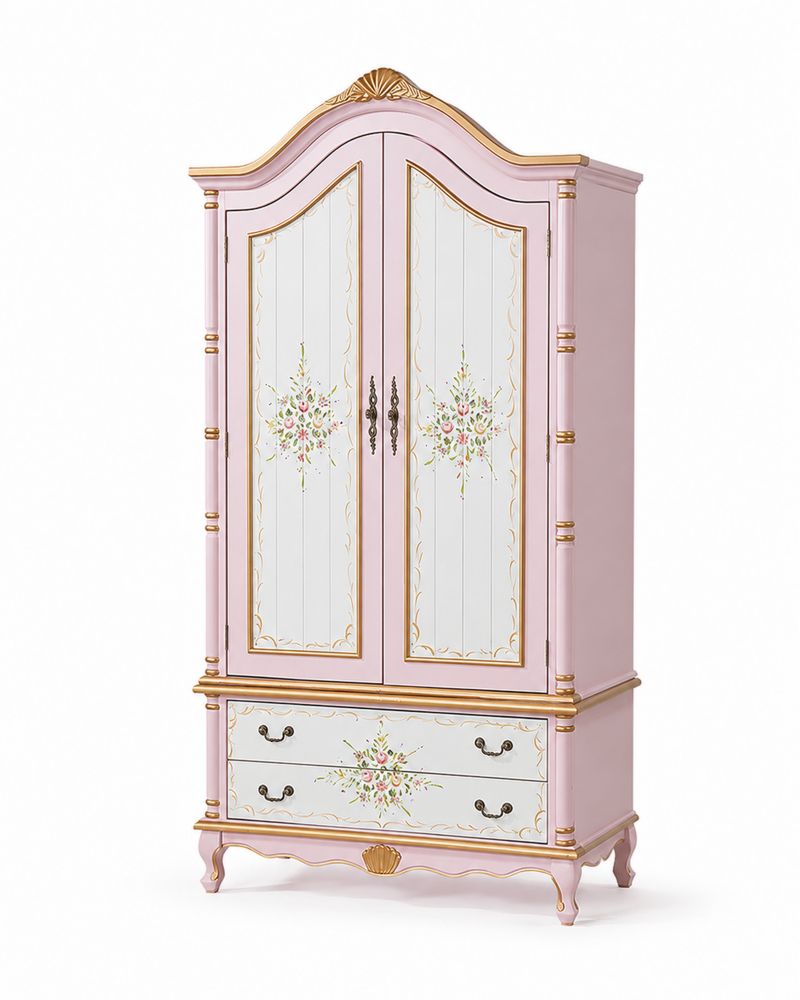 Kleiderschrank mit 2 Türen und 2 Schubladen aus MDF und Kiefernholz in Rosa/Weiß