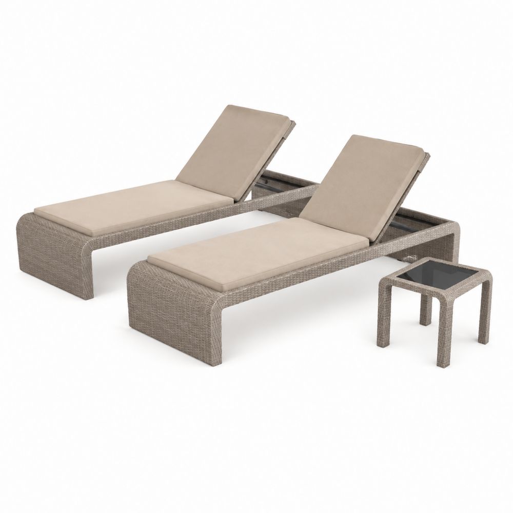 2er Set Gartenliege Rattan mit Beistelltisch Verstellbar Beige