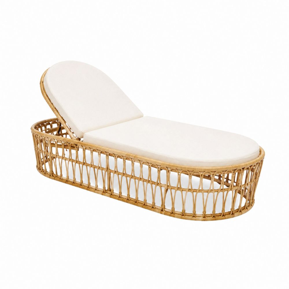 Outdoor-Lounge-Liegestuhl aus Rattan mit Polyesterkissen Creme