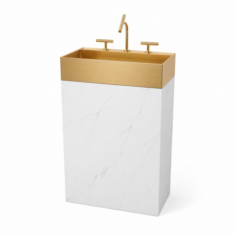 Waschbeckenunterschrank aus Edelstahl und Marmorimitat in Weiß und Gold