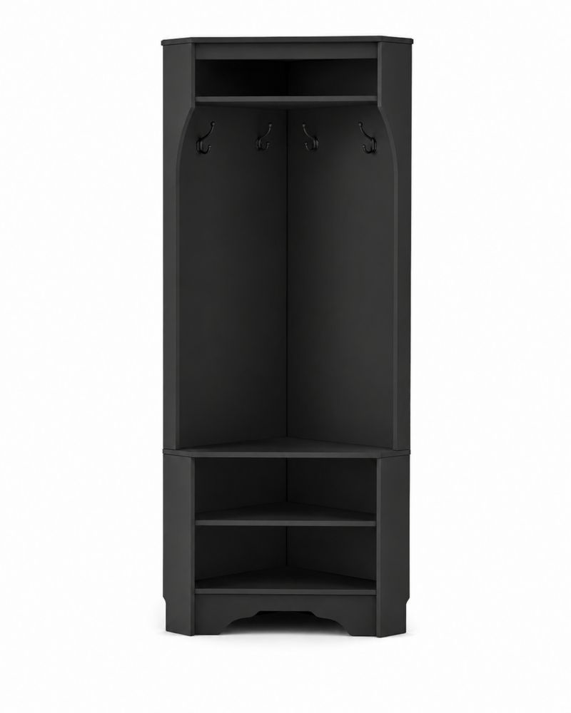 Eckgarderobenständer aus MDF Schwarz mit Regalen und Haken