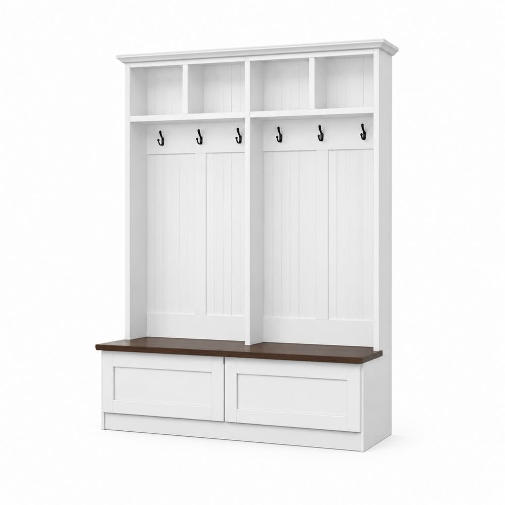 Garderobenbank mit Haken und Holzsitzbank aus MDF Weiß/Braun 200x150x40cm
