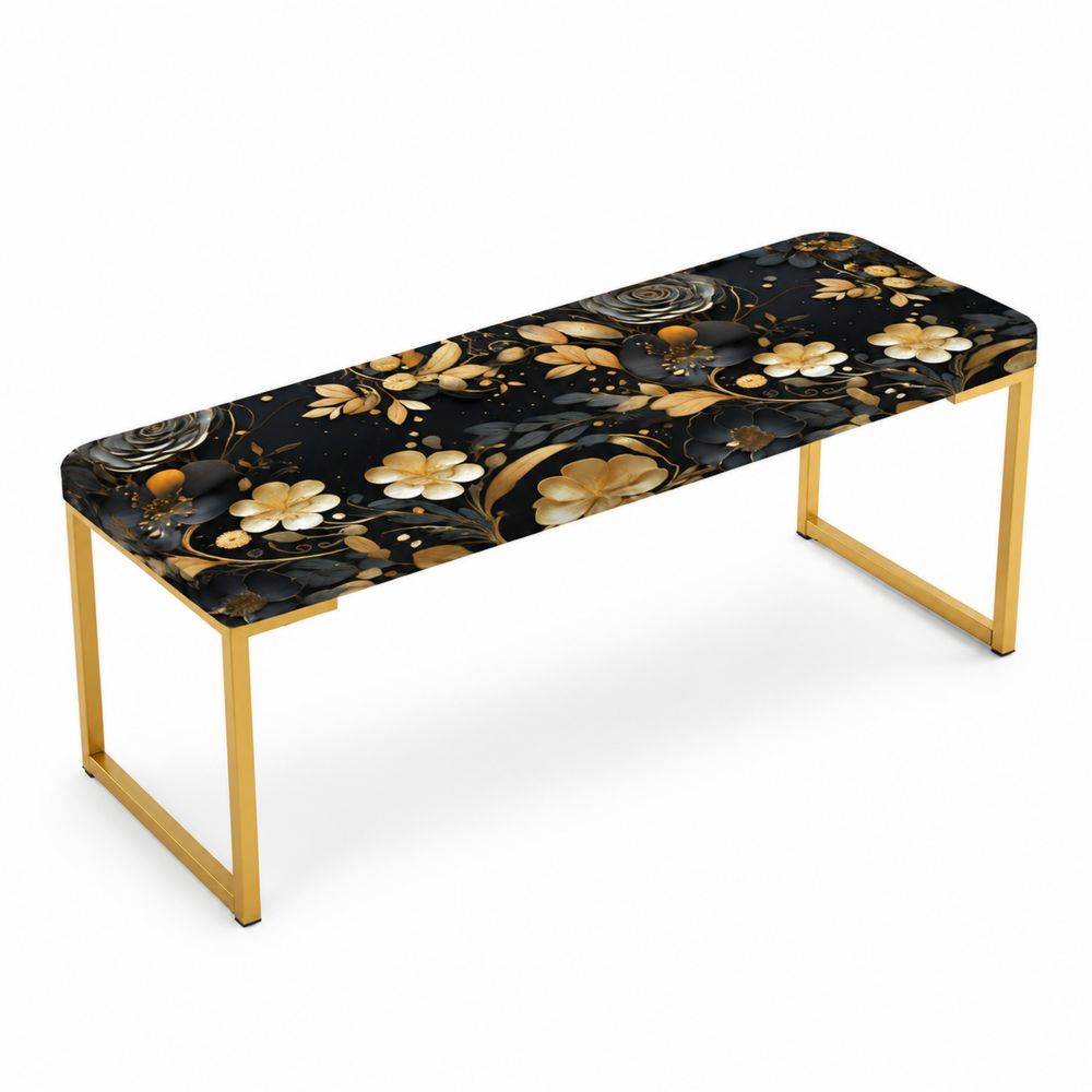 Polsterbank mit Blumenmuster und Metallrahmen, Schwarz/Gold