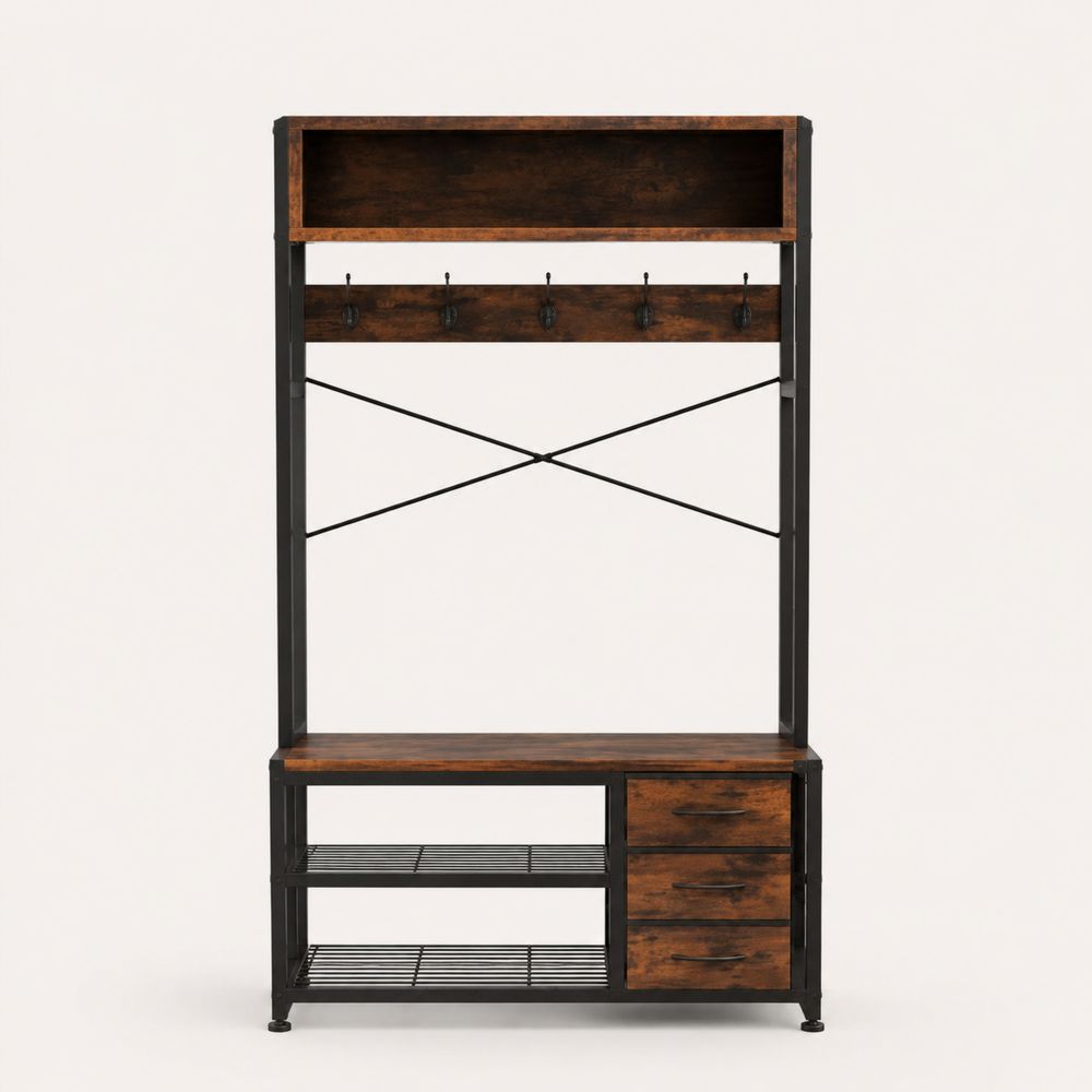 Garderobenkombination aus Holz und Metall mit Regal und Haken 180x100x40cm Braun/Schwarz