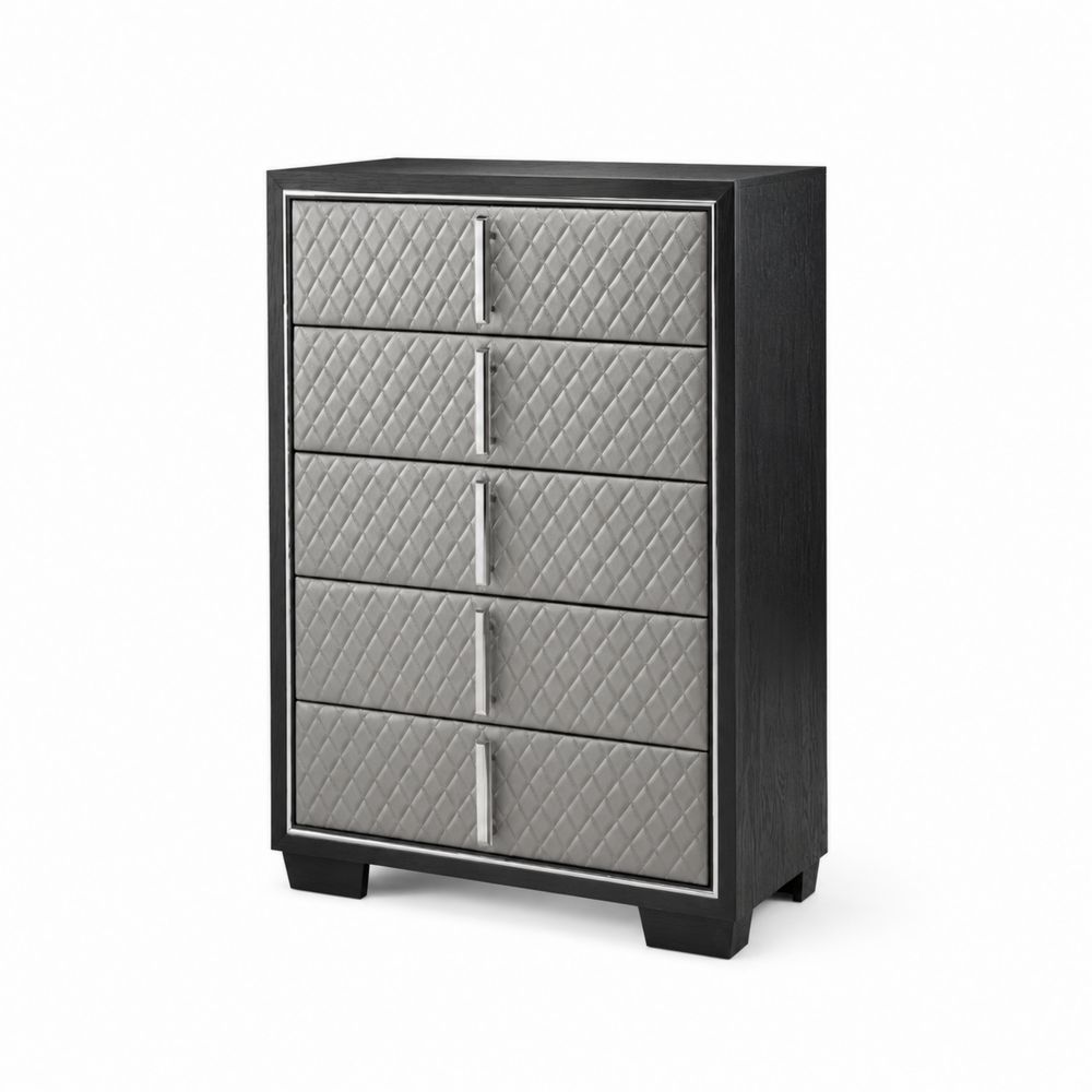 Kommode mit 6 Schubladen aus Holzfurnier und Kunstleder in Grau/Schwarz