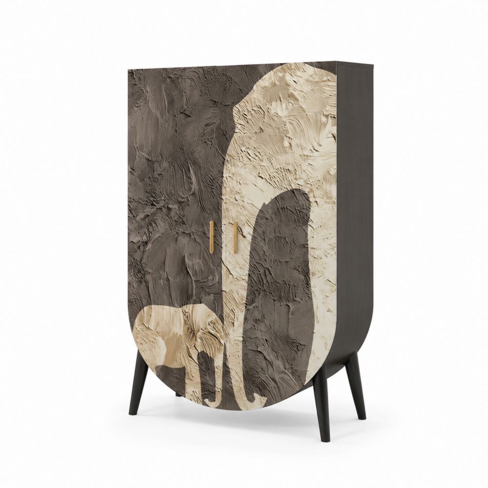 Holzkleiderschrank mit Elefantenmotiv aus Massivholz in Beige und Dunkelgrau