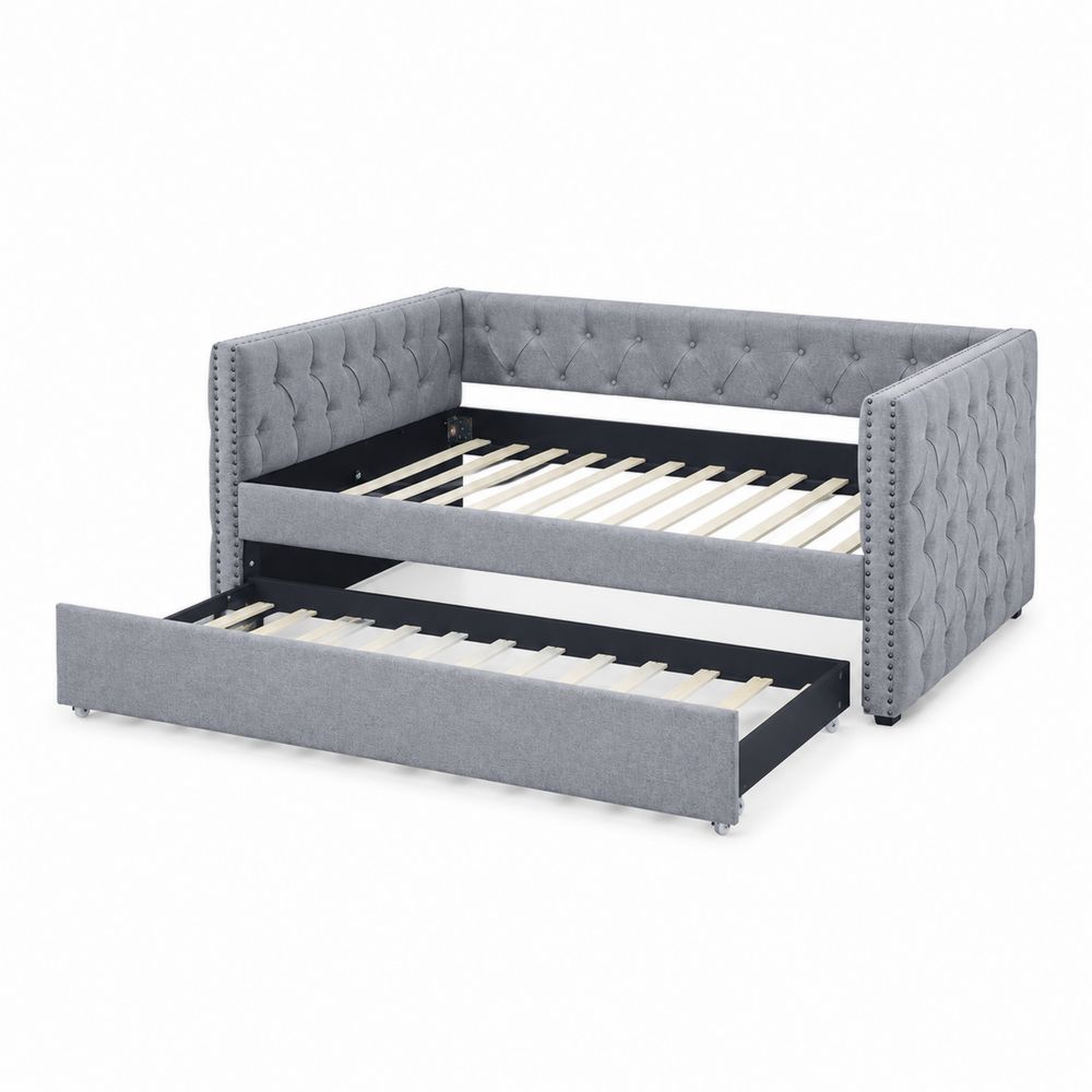 Tagesbett Stoff Grau mit Ausziehbett