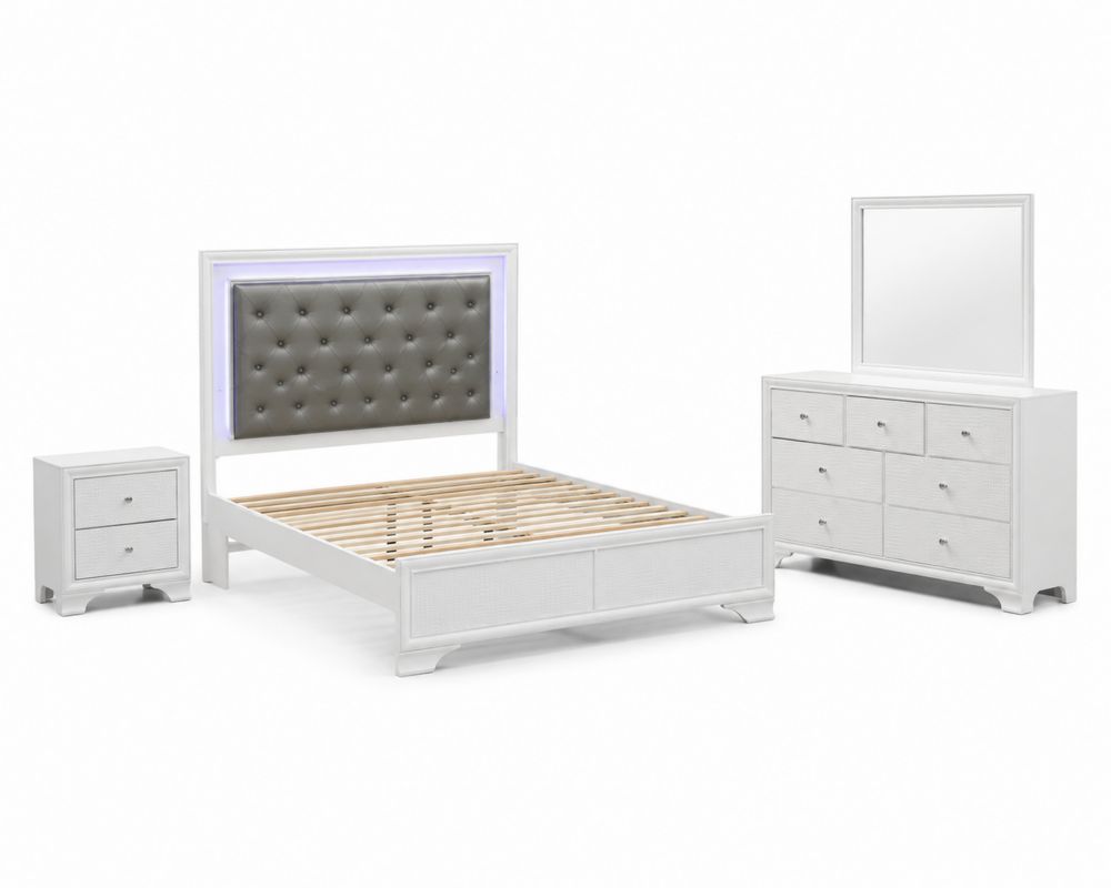 Schlafzimmer-Set aus Holz und Kunstleder, Weiß/Grau, Bett 160x200 cm