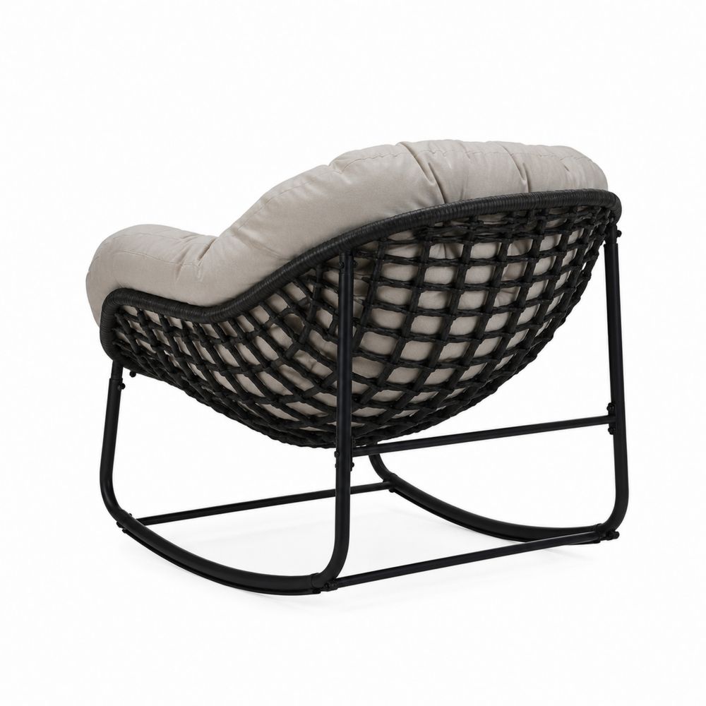 Schaukelstuhl mit Stahlrahmen und Polyrattan in Schwarz und Beige