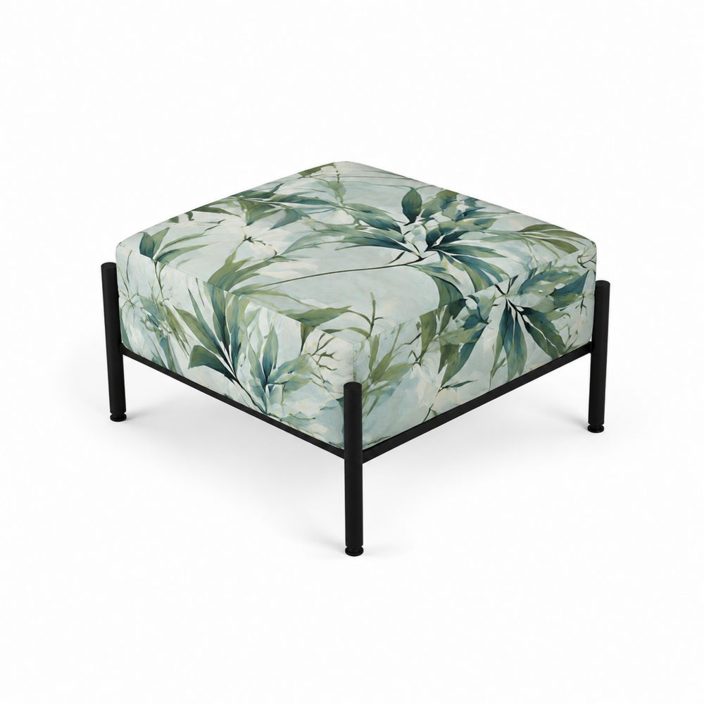 Quadratischer Hocker mit Blumenmuster aus Baumwoll-Leinen und Metallgestell, 60x60x45 cm