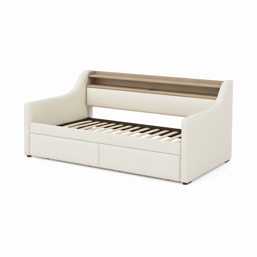Tagesbett 200x90 cm Leder und Holz Weiß