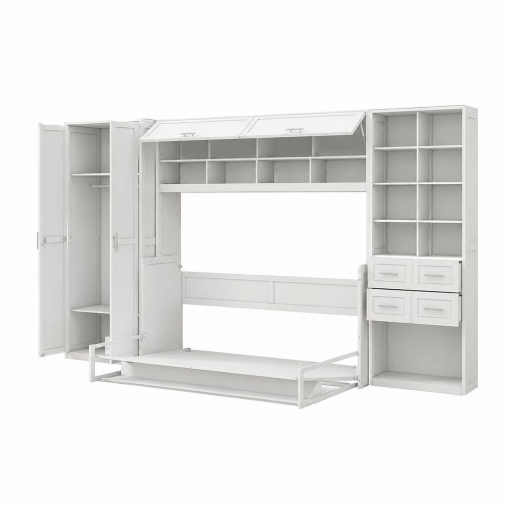 Schrankbett Weiß MDF und Stahl mit Regalen und Schubladen