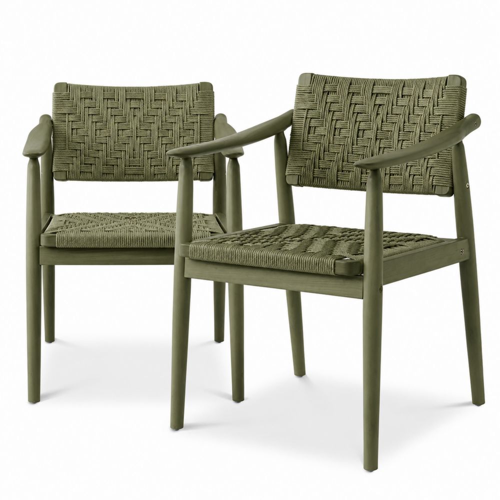 Set di 2 Sedie in Legno con Corda Intrecciata Verde