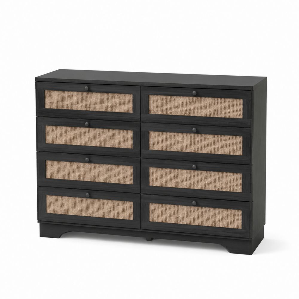 Cassettiera in Legno Nero e Rattan con 8 Cassetti