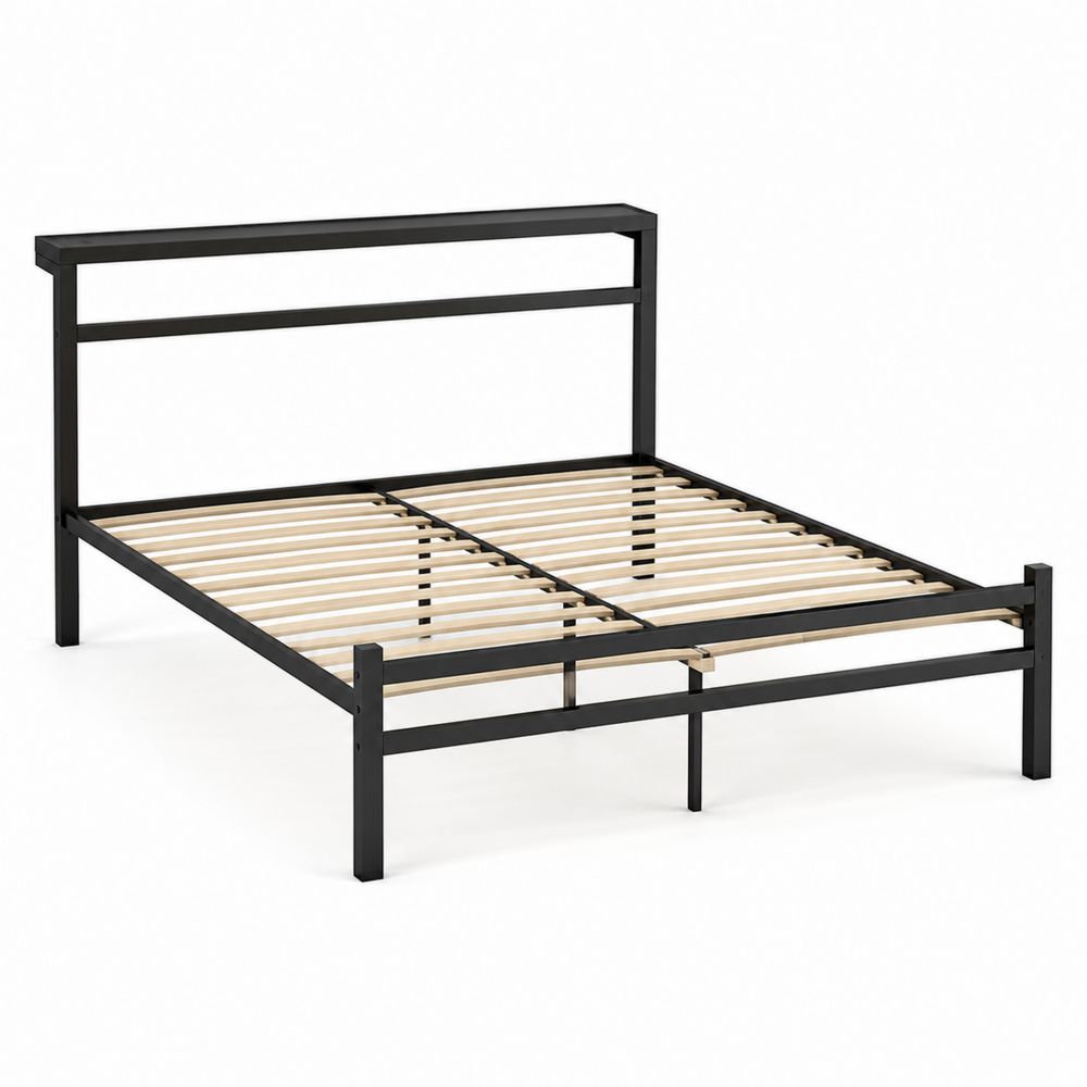 Letto in Metallo Nero con Doghe in Betulla
