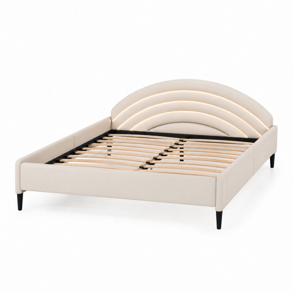 Letto con Testiera Curva Imbottita in Pelle Crema con Luci LED 200x180 cm