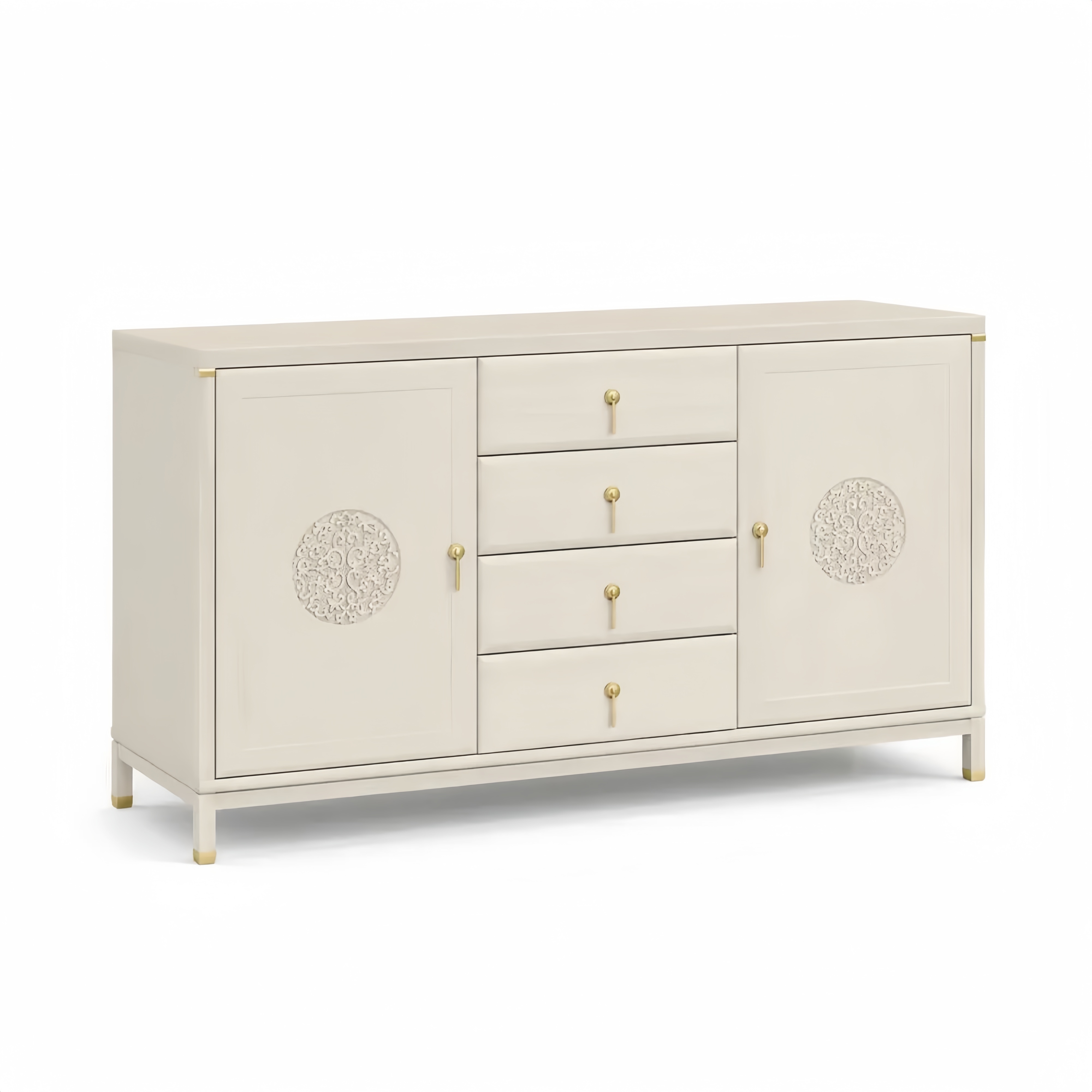 Credenza in legno massello bianca con maniglie in ottone