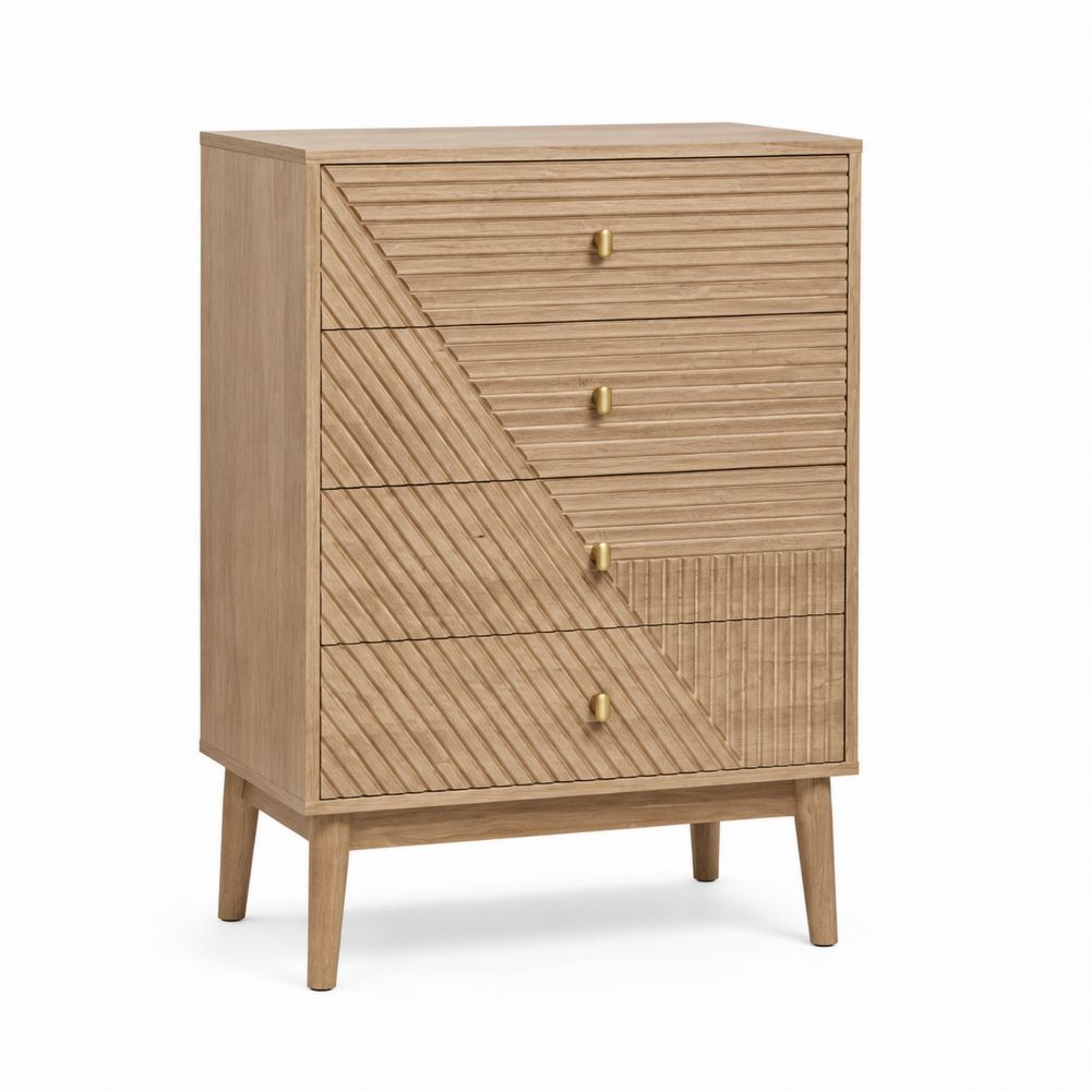 Cassettiera in legno di rovere con decoro geometrico e maniglie in metallo