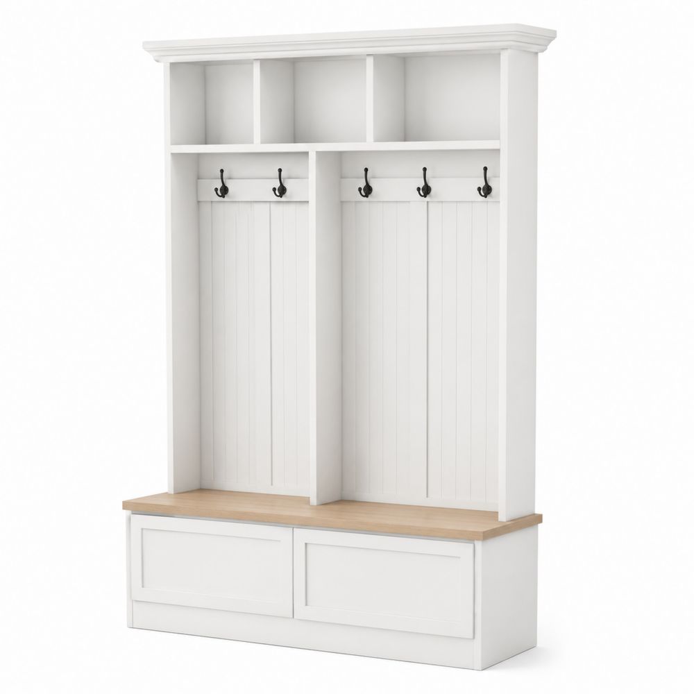 Appendiabiti in legno bianco con panca