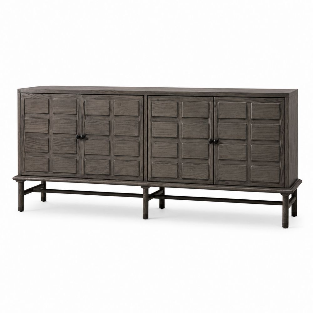 Credenza in legno massello con manopole in metallo grigio scuro