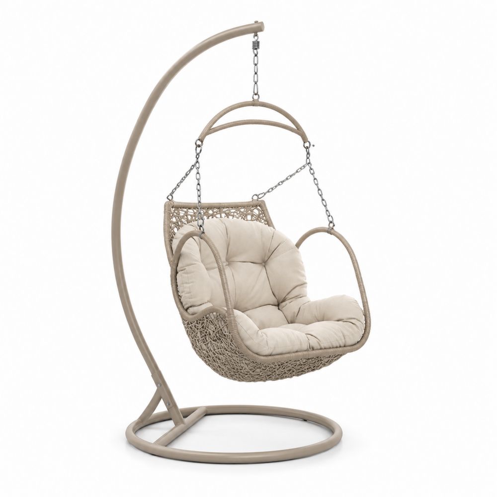 Sedia Sospesa in Rattan Sintetico con Cuscino Beige, Altezza 200 cm