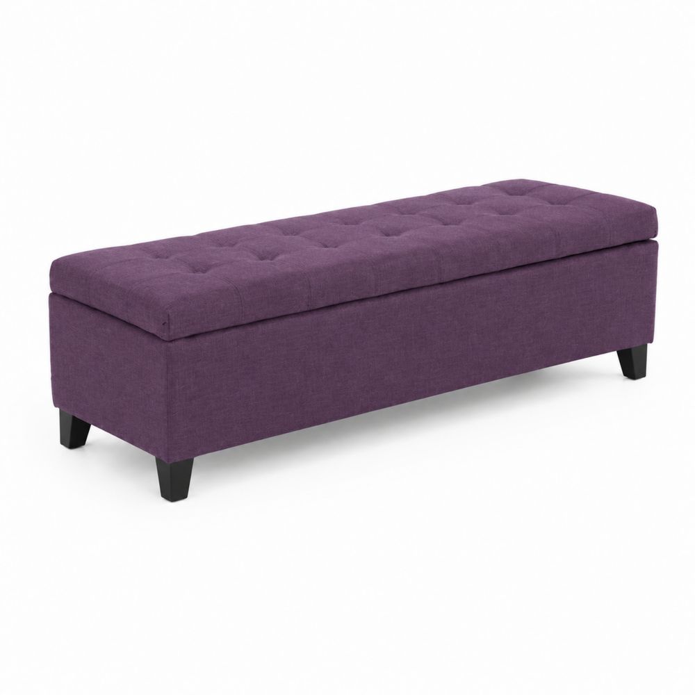 Panca contenitore in tessuto viola con gambe in legno