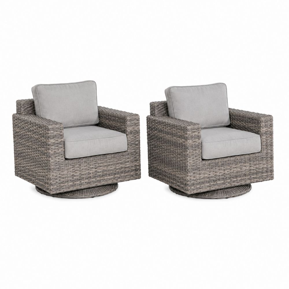 Set di 2 poltrone girevoli in rattan con cuscini grigi
