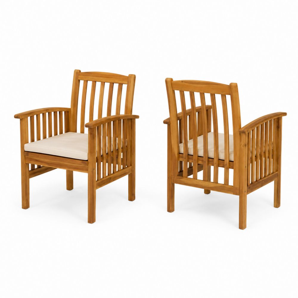 Set di 2 Sedie da Giardino in Legno di Acacia con Cuscini in Poliestere Beige