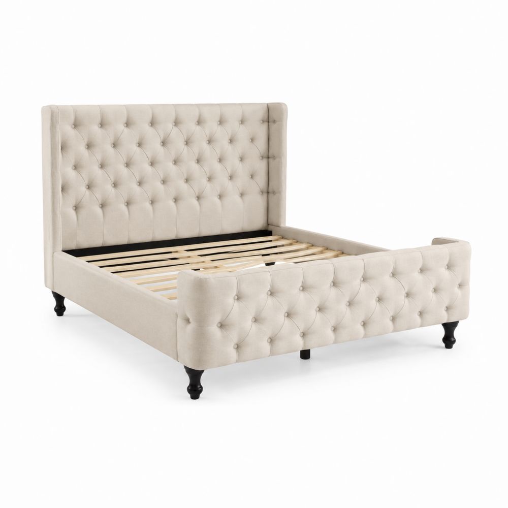 Letto matrimoniale in tessuto di lino beige con struttura in legno
