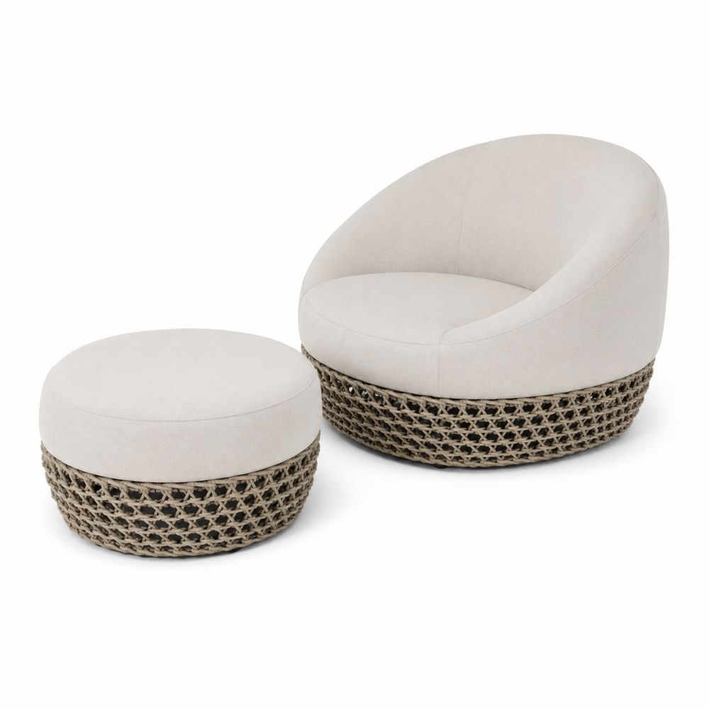 Set Poltrona da Esterno con Pouf Rotondo in Rattan e Tessuto Beige