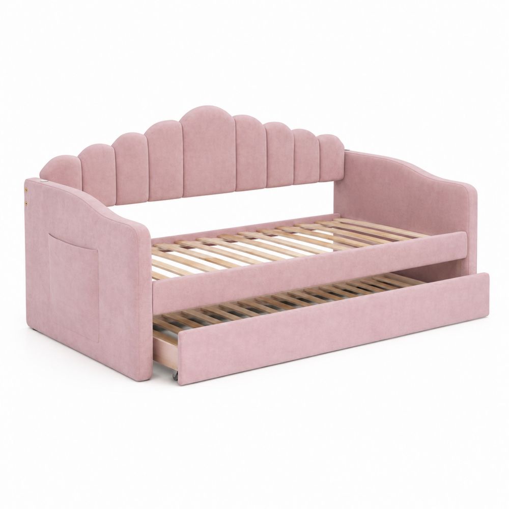 Letto per Bambini in Tessuto Rosa con Cassetto