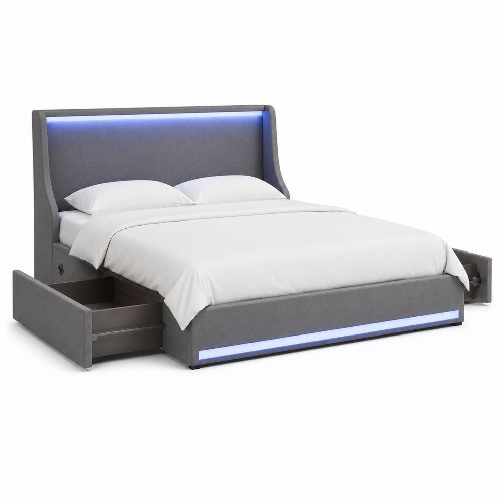Letto Contenitore Matrimoniale in Tessuto Grigio con Luci LED