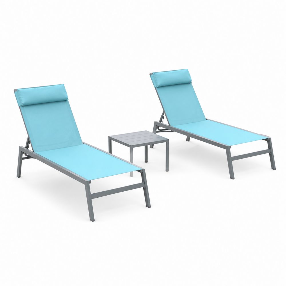 Set 2 Sdraio in Alluminio con Textilene Azzurro e Tavolino