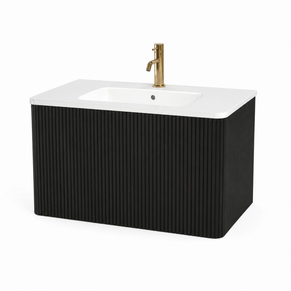 Mobile lavabo rettangolare MDF nero con lavabo in ceramica bianco