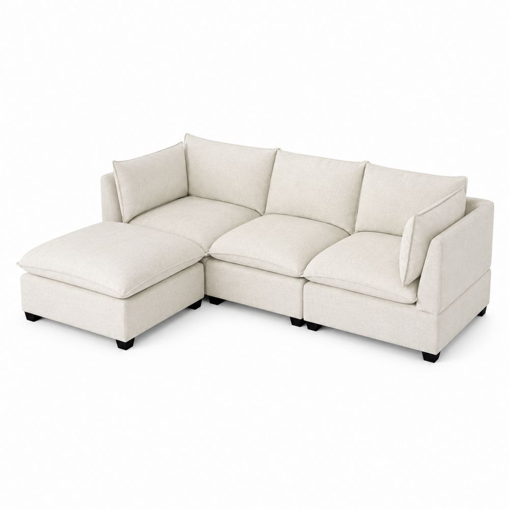 Divano modulare a L in tessuto di lino beige