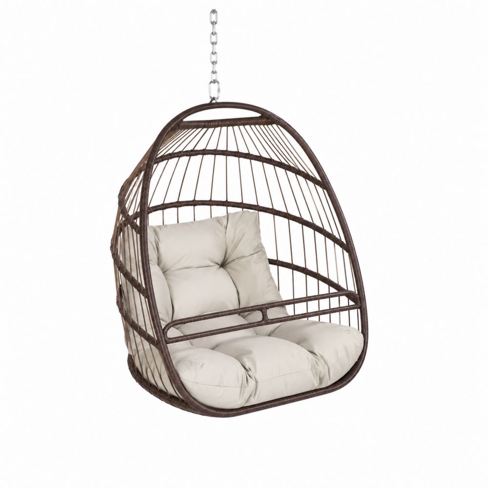 Sedia sospesa in acciaio e rattan con cuscino crema